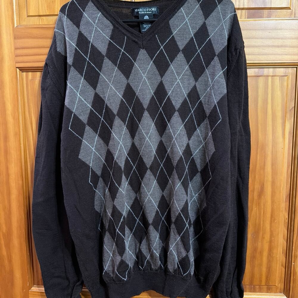 Marco FIori 100% Extra Fine Merino Wool V Neck Sweater 2XL Made in Italy Brown